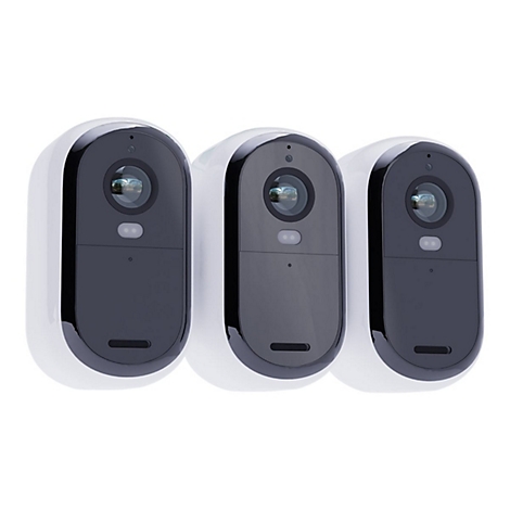 Drei weiße Sicherheitskameras mit schwarzen Fronten. Jede Kamera hat eine Linse, einen Knopf und ein kleines Loch.