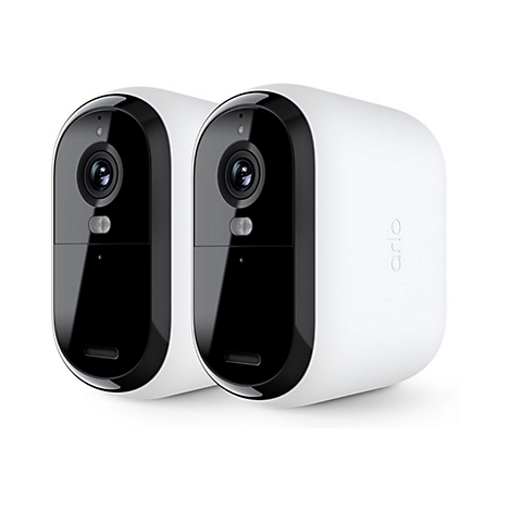 Deux caméras de sécurité Arlo blanches, avec des façades noires, sur fond blanc.