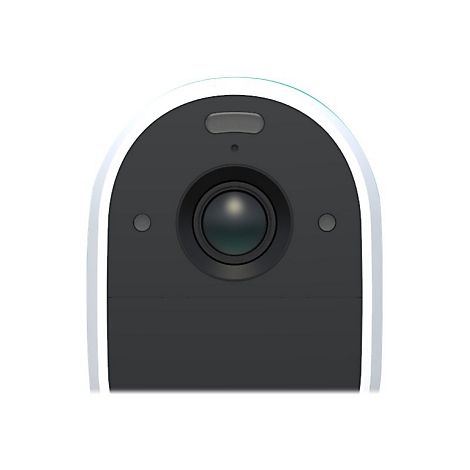 Gros plan d'une caméra de surveillance noire avec objectif, microphones et capteur de lumière sur fond blanc.