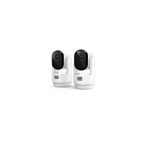 Zwei weiße Überwachungskameras, rechteckiger schwarzer Kamerakopf, Lüftungsschlitze unten.