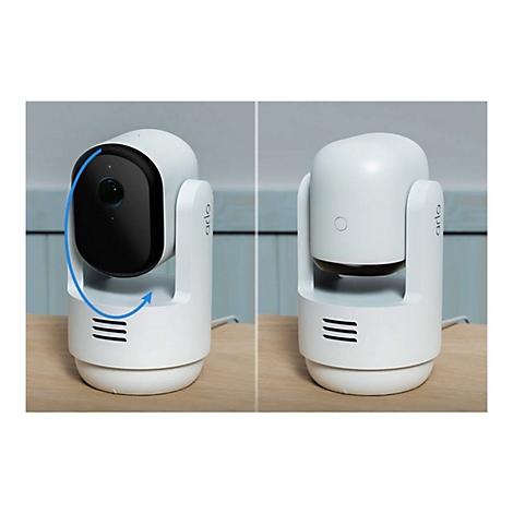 Zwei Ansichten einer weißen Arlo Sicherheitskamera, die zeigt, wie sich das Objektiv um 360 Grad drehen kann.