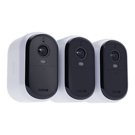 Trois caméras de surveillance blanches et ovales avec des façades noires sur fond blanc. Chaque caméra a un objectif et une petite lumière.