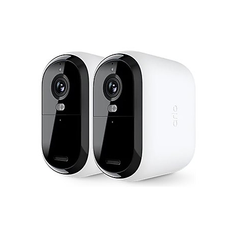 Deux caméras de sécurité blanches, placées côte à côte. Les lentilles sont sombres, avec des cadres noirs en dessous.