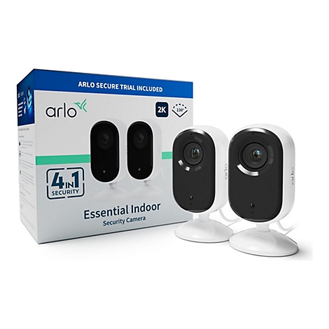 Zwei weiße Arlo Überwachungskameras, daneben die Produktverpackung, Aufschrift „Arlo Secure Trial Included“