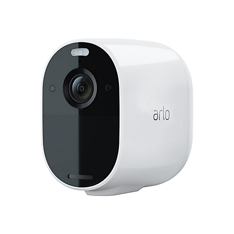 Eine weiße Arlo-Überwachungskamera mit schwarzer Front, Objektiv, und dem Markennamen 'arlo'.