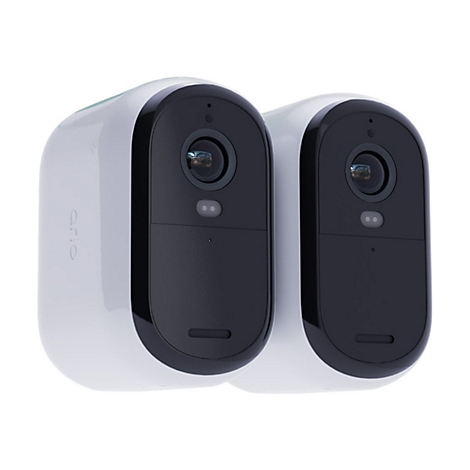 Zwei weiße Überwachungskameras, schwarze Front. Marke 'arlo'.