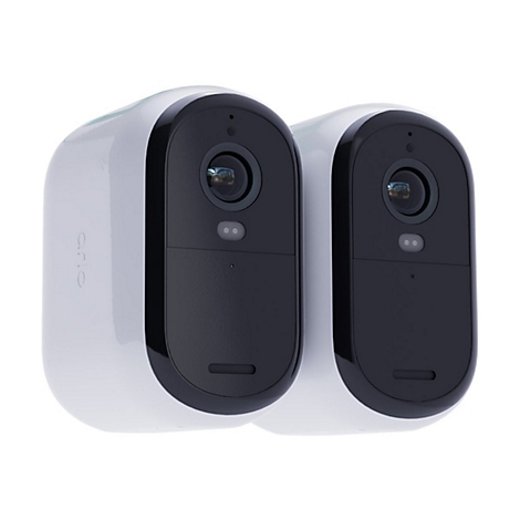 Deux caméras de sécurité blanches avec des façades noires sur fond blanc. Le logo 'Arlo' est visible sur le côté gauche.