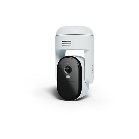 Une caméra de sécurité Arlo blanche avec un objectif noir sur fond blanc.