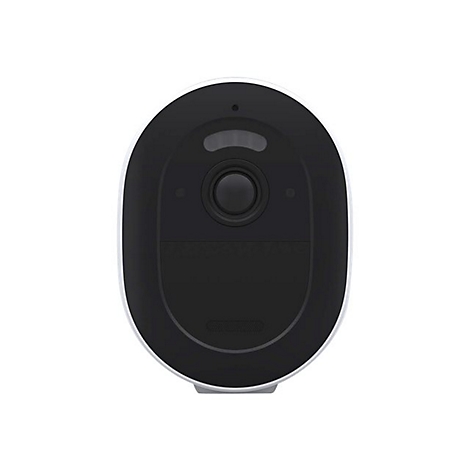 Gros plan sur une caméra de sécurité blanche de forme ovale avec une face noire. Objectif en haut, bouton en bas, petites ouvertures en bas.