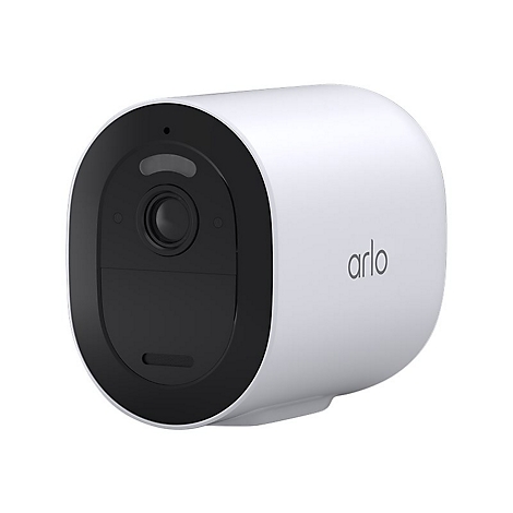 Kabellose Überwachungskamera, weiß, mit dem Logo "arlo". Sie hat eine schwarze Front mit Linse und Mikrofon.