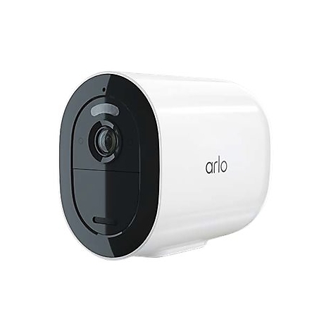 Weiße, zylindrische Arlo Überwachungskamera mit schwarzer Frontblende vor weißem Hintergrund.
