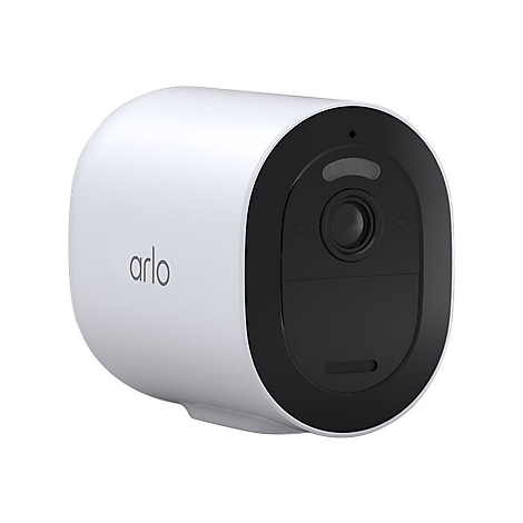 Weiße, zylindrische Arlo-Überwachungskamera mit schwarzer Frontpartie auf weißem Hintergrund.