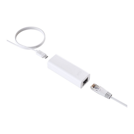 Weißer Arlo Ethernet-Adapter mit USB-C-Kabel und angeschlossenem LAN-Kabel auf weißem Hintergrund.
