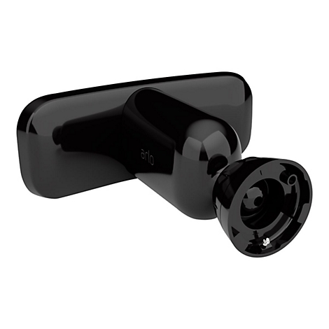Schwarze Arlo Wandhalterung für Überwachungskameras auf weißem Hintergrund.