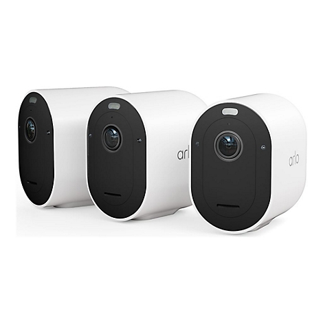 Trois caméras de sécurité blanches, cylindriques, disposées côte à côte. Chaque caméra a une façade noire et le logo 'arlo'.