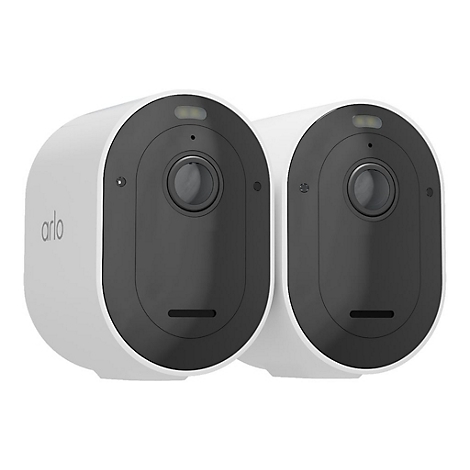 Deux caméras de sécurité blanches, lentille et façade noires. Un indicateur en haut et le logo "arlo" en dessous.