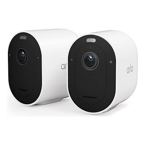 Deux caméras de sécurité blanches, une avec l'inscription "arlo", sur fond blanc.