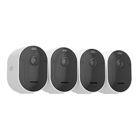 Quatre caméras de sécurité blanches alignées côte à côte. Chaque caméra a une face avant noire, une lentille et le logo "arlo".