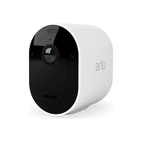 Weiße Überwachungskamera mit schwarzer Front, „arlo“ Schriftzug. Kameraobjektiv mittig, umgeben von schwarzem Rahmen.