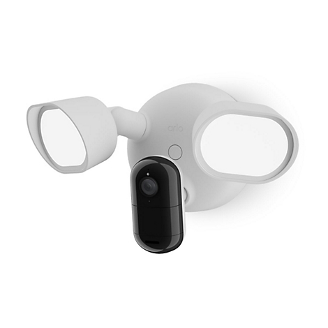 Arlo-Überwachungskamera und Scheinwerfer, weiß und schwarz, vor weißem Hintergrund.