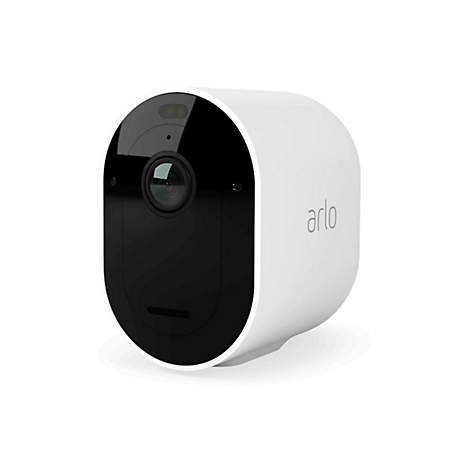 Caméra de sécurité sans fil, blanche avec une façade noire. La caméra a un objectif et le mot "arlo".