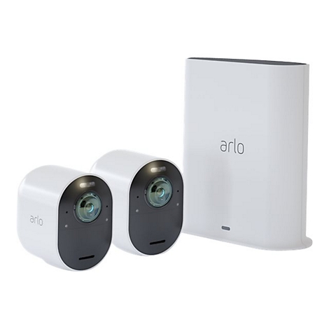 Deux caméras de surveillance blanches et une station de base avec le logo 'arlo' sur fond blanc.