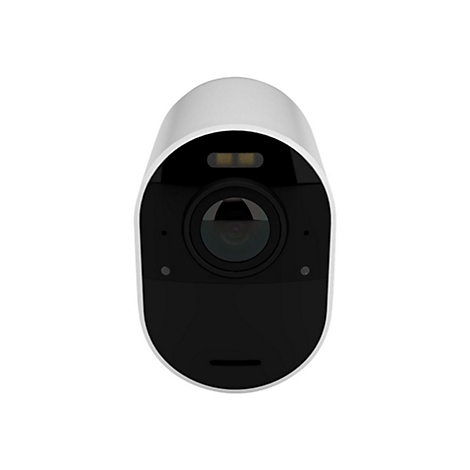 Nahaufnahme einer weißen Sicherheitskamera mit schwarzer Front. Sichtbare Linse, LED-Leuchte und kleine Öffnungen.