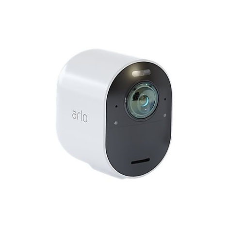 Weiße Arlo-Kamera, schwarze Front, Objektiv. Auf der Seite steht 'arlo'.