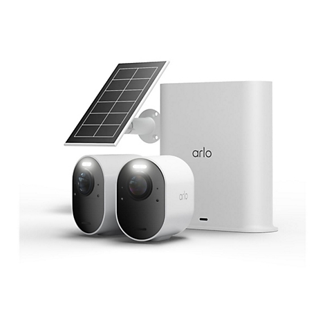 Arlo-Sicherheitsset mit zwei weißen Kameras, einer Basisstation und einem Solarpanel vor weißem Hintergrund.