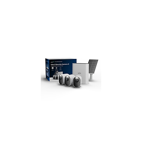 Eine Produktabbildung zeigt ein Sicherheitskamerasystem von Arlo. Es besteht aus drei weißen Kameras, einer Basisstation, einem Solarmodul und einer Verpackung.