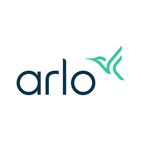 Blaues Logo der Marke Arlo mit einem stilisierten grünen Kolibri auf der rechten Seite.
