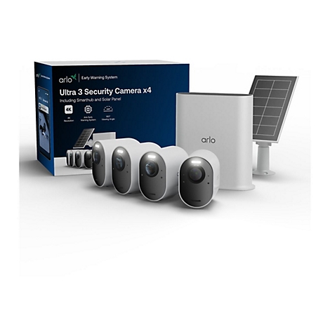 Arlo Ultra 3 Sicherheitskamerasystem mit vier Kameras, Smarthub und Solarpanel vor der Produktverpackung.