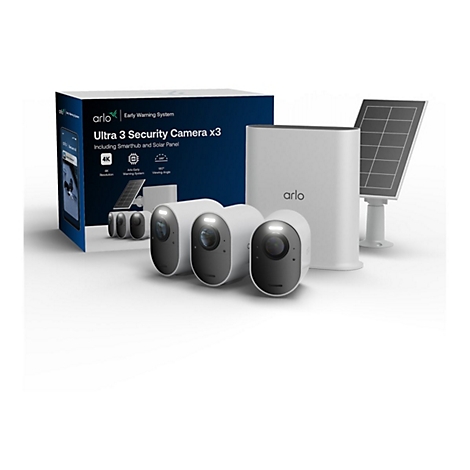 Arlo Ultra 3 Sicherheitskamera-Set mit drei Kameras, einem Smarthub und Solarpanel vor der Produktverpackung.