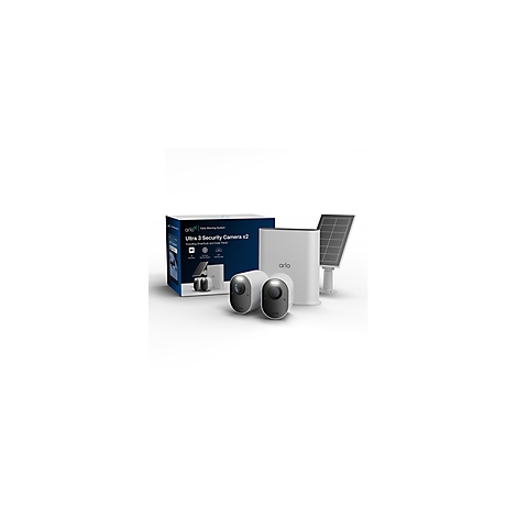 Arlo Ultra 3 Sicherheitskamera-System mit zwei Kameras, Basisstation und Solarpanel vor weißem Hintergrund.
