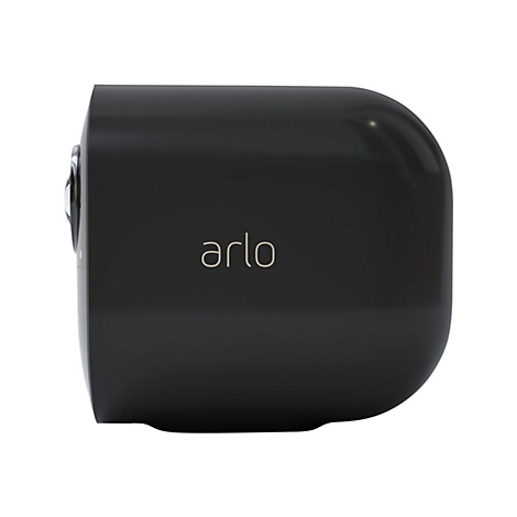 Seitliche Ansicht einer schwarzen Arlo Sicherheitskamera mit abgerundeten Kanten auf weißem Hintergrund.