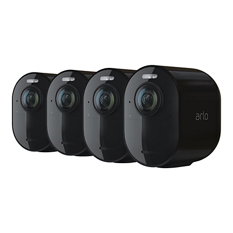 Quatre camÃ©ras de sÃ©curitÃ© noires cÃ´te Ã  cÃ´te, marque arlo.