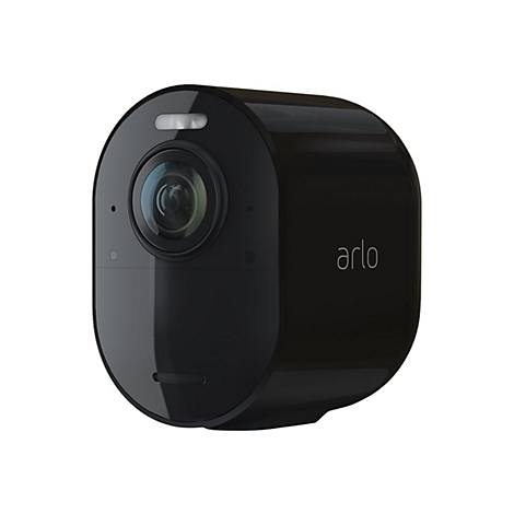 Schwarze Sicherheitskamera von Arlo. Sie hat eine runde Form mit Objektiv, Logo und einer LED-Leuchte.