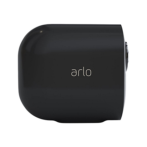 Schwarze Arlo-Überwachungskamera. Der Schriftzug 'arlo' ist in weißer Schrift zu sehen.