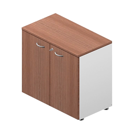 A brown cabinet with two doors and silver handles on a white background.