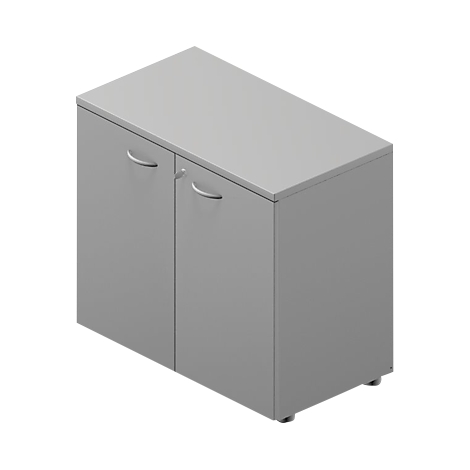A gray cabinet with two doors and curved handles. On a neutral background.