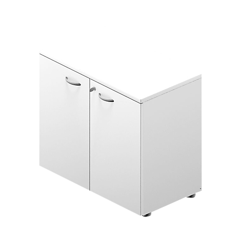 White cabinet with two doors, silver handles, and black feet.