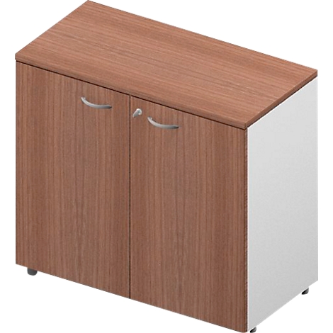 Cabinet with wood veneer, two doors, silver handles and white side panel.