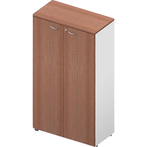 Cabinet with brown doors and white side, silver handles and feet.