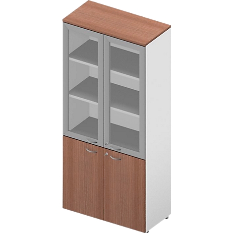 A tall office cabinet with glass display and wooden doors.