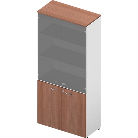 Office cabinet with wood and glass doors, two doors at the bottom, shelves behind.
