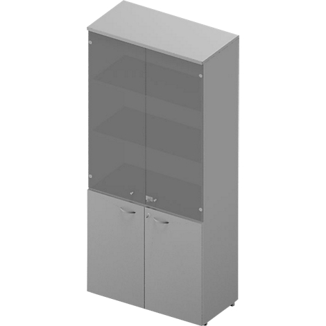 Gray office cabinet with glass front and two doors below.