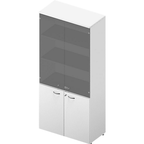 White cabinet with glass display cabinet and lower part with doors.