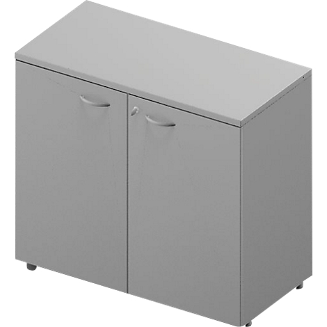 Gray cabinet with two doors, two handles and a small lock.