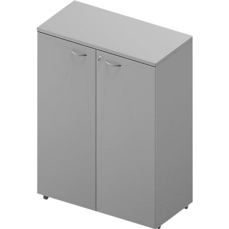 Grey cabinet with two doors and handles. The piece of furniture stands slightly angled.