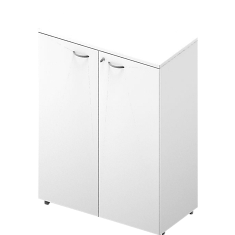 White cabinet with two doors and silver handles. The cabinet stands on castors.